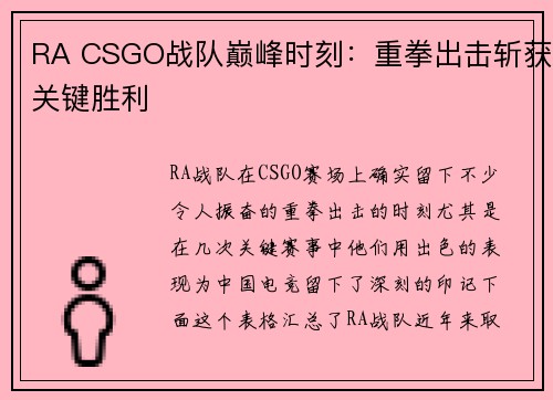 RA CSGO战队巅峰时刻：重拳出击斩获关键胜利